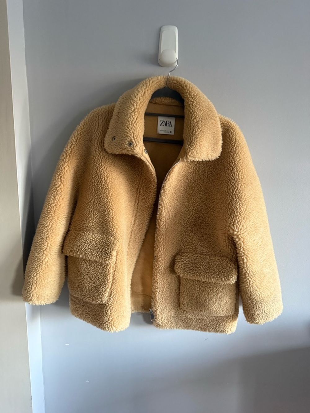 Zara Teddy Jacket Sherpa Fleece Camel Tan Cozy Zip Coat XS Oversized Pockets - Picture 3 of 8